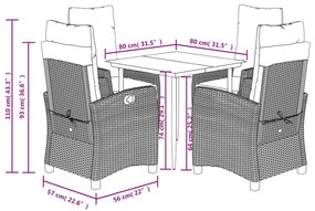 5 pcs conjunto de jantar p/ jardim com almofadões vime PE bege