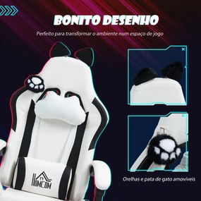 Cadeira Gaming com Orelhas Cadeira Gamer Reclinável com Altura Ajustável e Suporte Lombar 65x62x116-124 cm Branco
