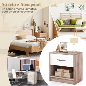 Mesa de cabeceira com 1 gaveta com Estante aberta compacta para espaços pequenos cor Carvalho+Branco