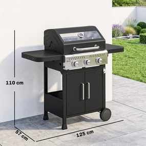 Grelhador a Gás Portátil com 3 Queimadores 7,5 kW Termómetro Mesas Laterais Dobráveis Armário Grelha Aquecedora Chapa 125x57x110 cm Preto