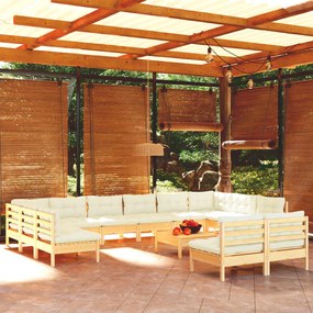 vidaXL 13 pcs conjunto lounge jardim c/ almofadões creme pinho maciço