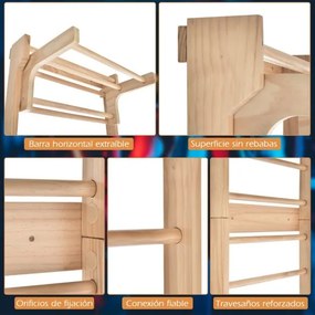 Escada de ginástica e fisioterapia de parede 80 cm x 48 cm x 195 cm com 10 barras fixas de madeira maciça. Carga máxima: 100 kg. Natural.