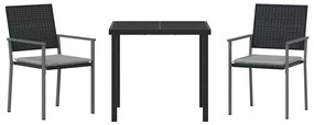 Conjunto de Jantar de Jardim 3 Peças com Almofadas Preto Rattan Poliés