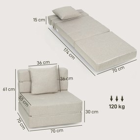 Poltrona-sofá-cama convertível de 1 lugar com 1 almofada com capa removível, tecido bege