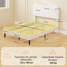 Estrutura de Cama 146x194x112-117 cm (LxPxA) (COLCHÃO NÃO INCLUIDO) Dupla com Cabeceira Ajustável em Altura Estofada em Tecido Macio com Ripas de Made