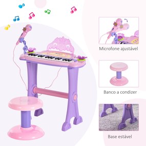 Piano Eléctrico Infantil 32 Teclas Piano Infantil com Microfone Banquinho Luzes Ritmos Sons MP3 Karaoke  Rosa