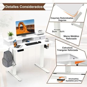 Secretária elétrica com pé 100 x 60 cm com 2 gavetas, altura ajustável e suporte para monitor Branca