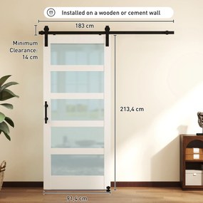 Porta de Correr com Ferragens 91x213 cm Porta de Correr Interior de MDF e Vidro Fosco com Rolo Trilho Guia de Chão Branco