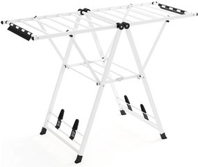Estendal dobrável 141 x 56 x 99–148 cm com braços ajustáveis, pinças para meias e prateleira para sapatos, estendal para roupa, cor branca