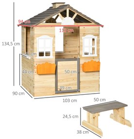 Casa de Jardim de Madeira para Crianças de 3-7 Anos com Janelas 2 Floreiras e 1 Banco 113x94x134,5 cm Madeira