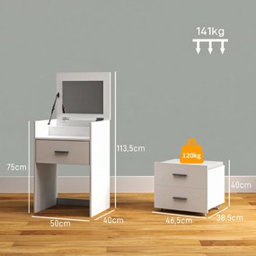Conjunto de Toucador e Banco com Rodas, 50 x 40 x 113,5 cm, Espelho Rebatível, Branco