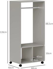 Guarda roupa aberto com prateleiras 60 x 40 x 128 cm, 2 compartimentos abertos para cabides, 4 rodas giratórias, cinzento