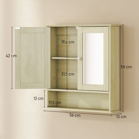Armário de Parede com Espelho para Casa de Banho 2 Portas Prateleira Aberta e Ajustável 56x13x58 cm Madeira