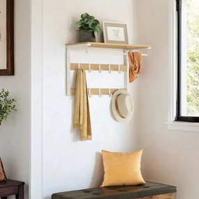 Cabide de parede com prateleira e 10 ganchos removíveis 30 x 65 x 42 cm cor de carvalho + branco