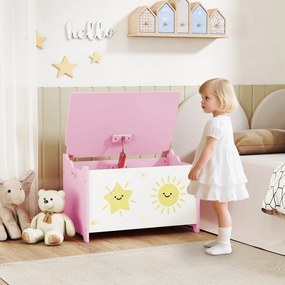 Caixa de brinquedos com tampa  60 x 37 x 39 cm, caixa de arrumação infantil com dobradiças de segurança rosa