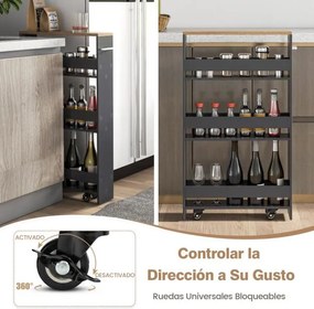 Carrinho de cozinha estreito 47,5 x 20 x 80,5 cm de 4 níveis com rodas com pega e estantes abertas para espaços pequenos Cinzento