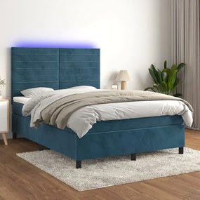 Cama box spring c/ colchão/LED 140x200 cm veludo azul-escuro