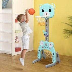 Cesto de basquetebol e futebol em forma de urso Centro de actividades 3 em 1 para crianças 54 x 49 x 133-158 cm Turquesa e cinza
