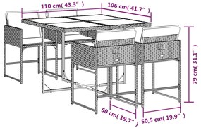 5 pcs conjunto de jantar p/ jardim com almofadões vime PE bege