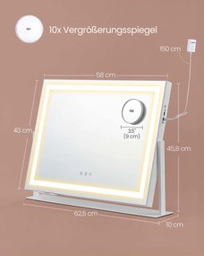Espelho de maquilhagem 10 x 62,5 x 45,8 cm com iluminação controlável por toque, branco