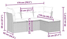 4 pcs conj. sofás jardim c/ almofadões vime PE cinzento-claro