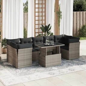 8 pcs conjunto sofás de jardim c/ almofadões vime PE cinzento