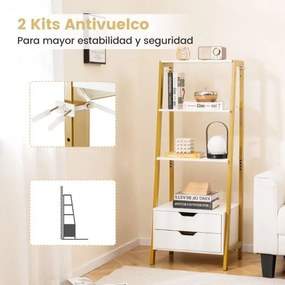 Estante em forma escada 52 x 39,5 x 134 cm com 4 prateleiras abertas e 2 gavetas Branco + Dourado