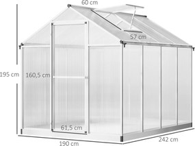 Estufa de jardim em alumínio e policarbonato, 4,6 m², dimensões: 2,42 m (L) x 1,9 m (P) x 1,95 m (A), claraboia, porta com fecho cinzento, transparent