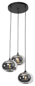 Candeeiro de suspensão Art Deco preto com vidro fumê 3 luzes redondo - Busa