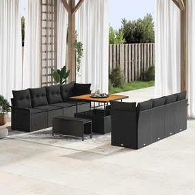 vidaXL Conjunto de Sofás de Jardim com 11 Peças e Almofadas de Rattan Preto Acácia.