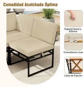 Conjunto jardim de 6 peças para exterior com móveis de metal e madeira de acácia, almofadas e mesa de café para jardim ou piscina, bege