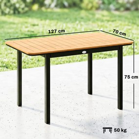 Mesa de jardim retangular para 6 pessoas 127 x 70 cm em madeira composta, com estrutura metálica e tampo de ripas, castanho