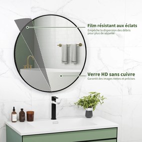 Espelho redondo  Ø 70 x 2,5 cm para casa de banho com moldura de metal, fácil de instalar, para quarto, sala de estar, hall de entrada, preto
