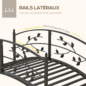 Ponte de jardim para lagoa, decoração de jardim 119 x 67 x 47 cm, com balaustrada com motivo de videira, em aço preto