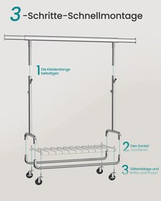 Guarda roupa aberto, Cabide ajustavel com rodas, com prateleira e ganchos 47,5 x (107-149,8) x (144,2-164,2) cm prateado
