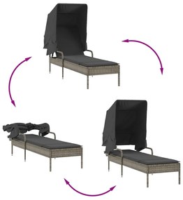 Espreguiçadeiras com toldos e mesa 2 pcs vime PE cinzento