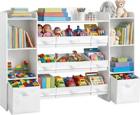 Estante infantil 30 x 143,8 x 104 cm com 4 compartimentos abertos, estante infantil, 9 caixas centrais e 2 caixas laterais Branca