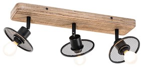 Candeeiro de teto industrial preto com madeira 3 luzes - Jasmine Industrial
