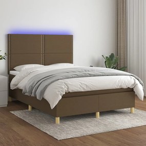 Cama box spring c/ colchão/LED 140x190cm tecido castanho-escuro