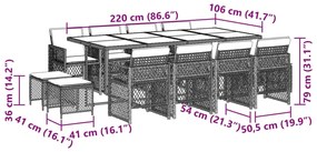 13 pcs conjunto de jantar p/ jardim com almofadões vime PE bege