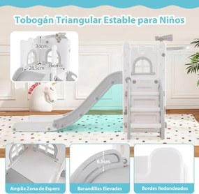Escorrega infantil 6 em 1 para crianças com cesto de basquetebol e telescópio, com espaço de arrumação cinzento e branco