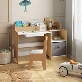 Conjunto de mesa e cadeira de estudo para crianças Mesa para crianças com estantes abertas Gaveta- natural