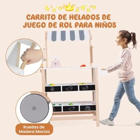 Carrinho de gelados de madeira para crianças com 6 gelados Balança Banca de mercado para crianças com mais de 3 anos Branco e cinzento