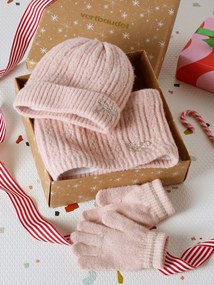 Conjunto de natal para menina com gorro, gola e luvas ou mitenes rosado