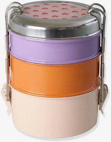 Lunchbox redonda em aço inoxidável com riscas ou corações rice, 3 níveis rosa-pálido