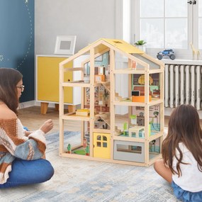Casa de bonecas de madeira  60 x 30 x 75 cm com 7 quartos, 18 peças de mobiliário, 3 bonecos e 1 cão de estimação para maiores de 3 anos natural