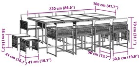 13 pcs conjunto jantar p/ jardim c/ almofadões vime PE cinzento