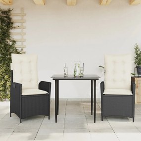 3 pcs conjunto de jantar p/ jardim c/ almofadões vime PE preto