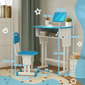 Conjunto de Secretária e Cadeira para Crianças com Altura Ajustável 1 Gaveta e 1 Prateleira para Livros 60x45x90-120 cm Azul
