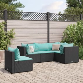 5 pcs conjunto lounge de jardim c/ almofadões vime PE preto